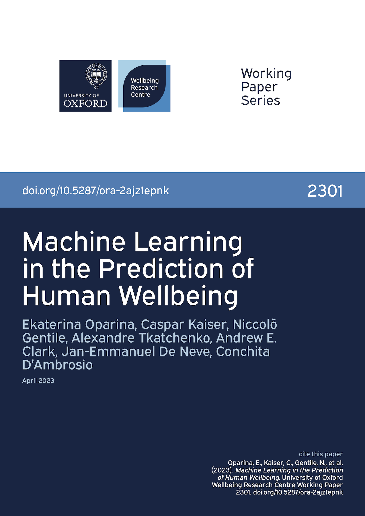 Cover for Working Paper 2301, Machine Learning in the Prediction of Human Wellbeing.