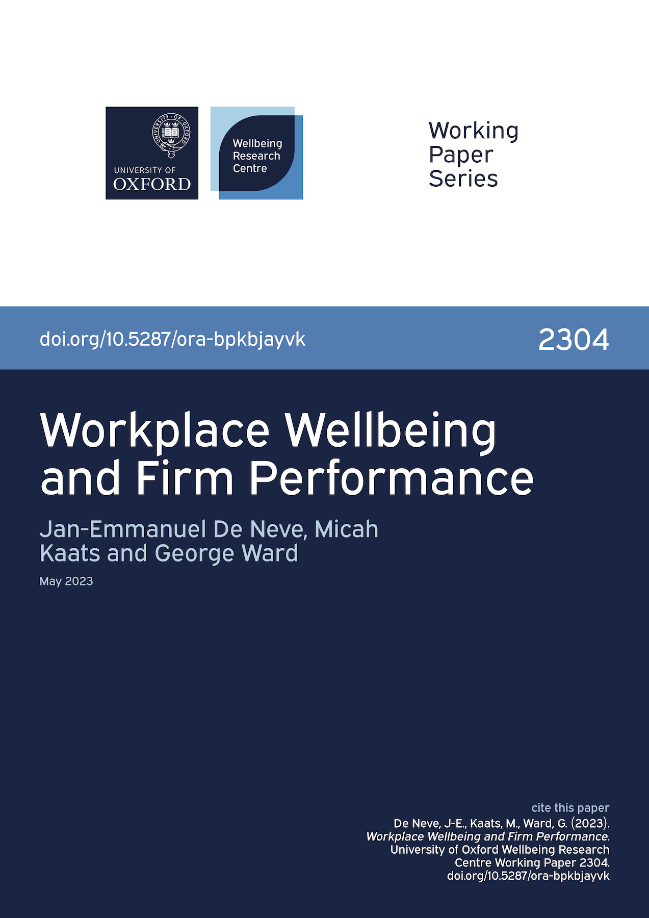 Cover for Working Paper 2304, Workplace Wellbeing and Firm Performance.