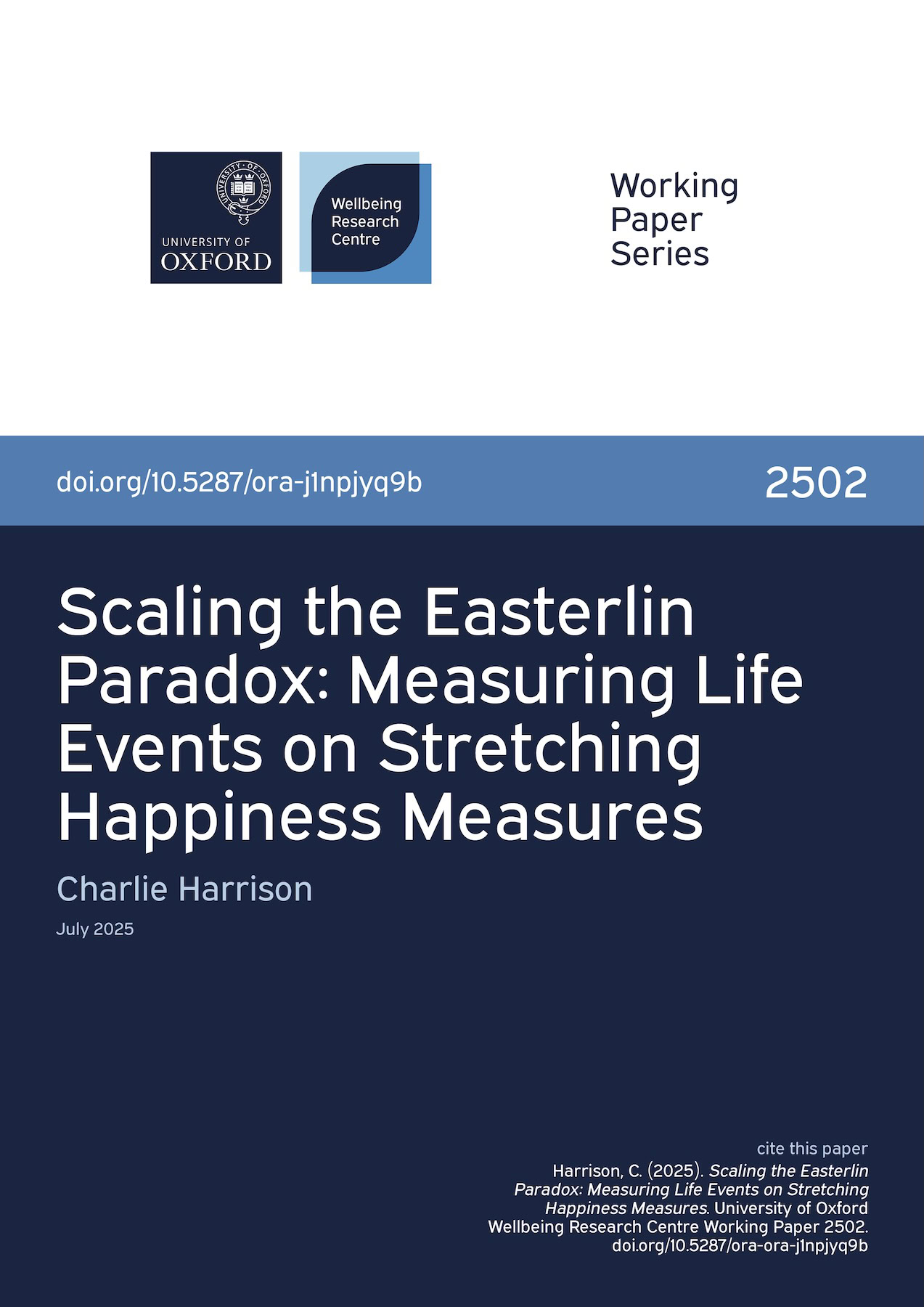 Cover for Working Paper 2502, Scaling the Easterlin Paradox: Measuring Life Events on Stretching Happiness Measures.