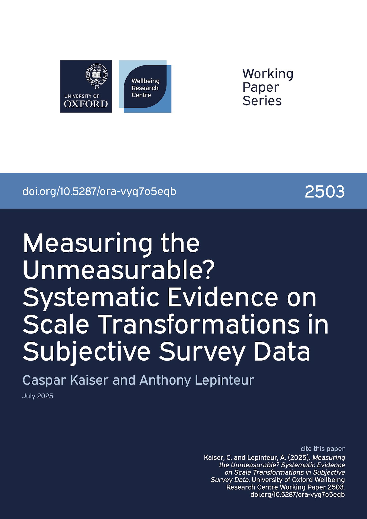 Cover for Working Paper 2503, Measuring the Unmeasurable? Systematic Evidence on Scale Transformations in Subjective Survey Data.