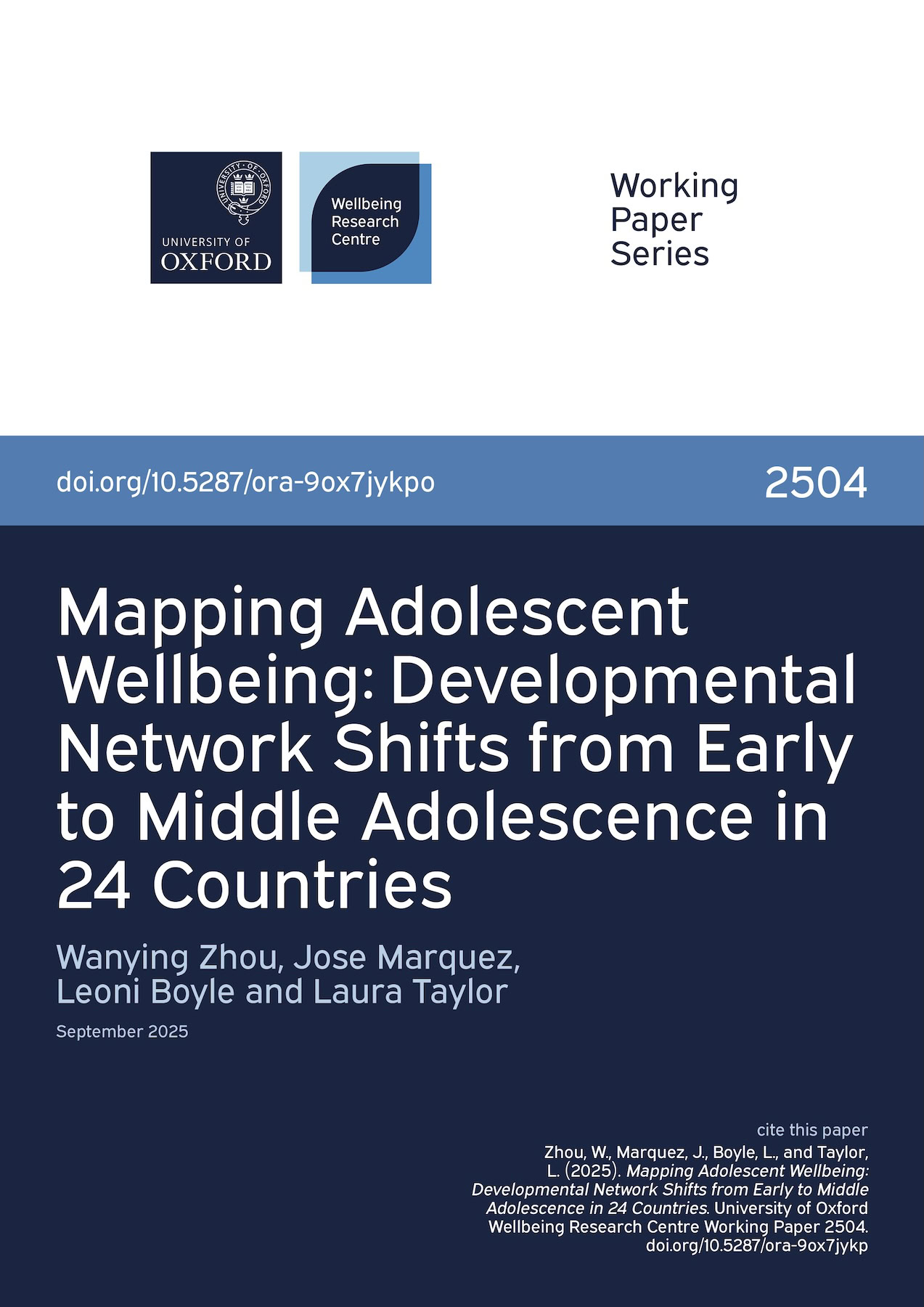Cover for Working Paper 2504, Mapping Adolescent Wellbeing: Developmental Network Shifts from Early to Middle Adolescence in 24 Countries.